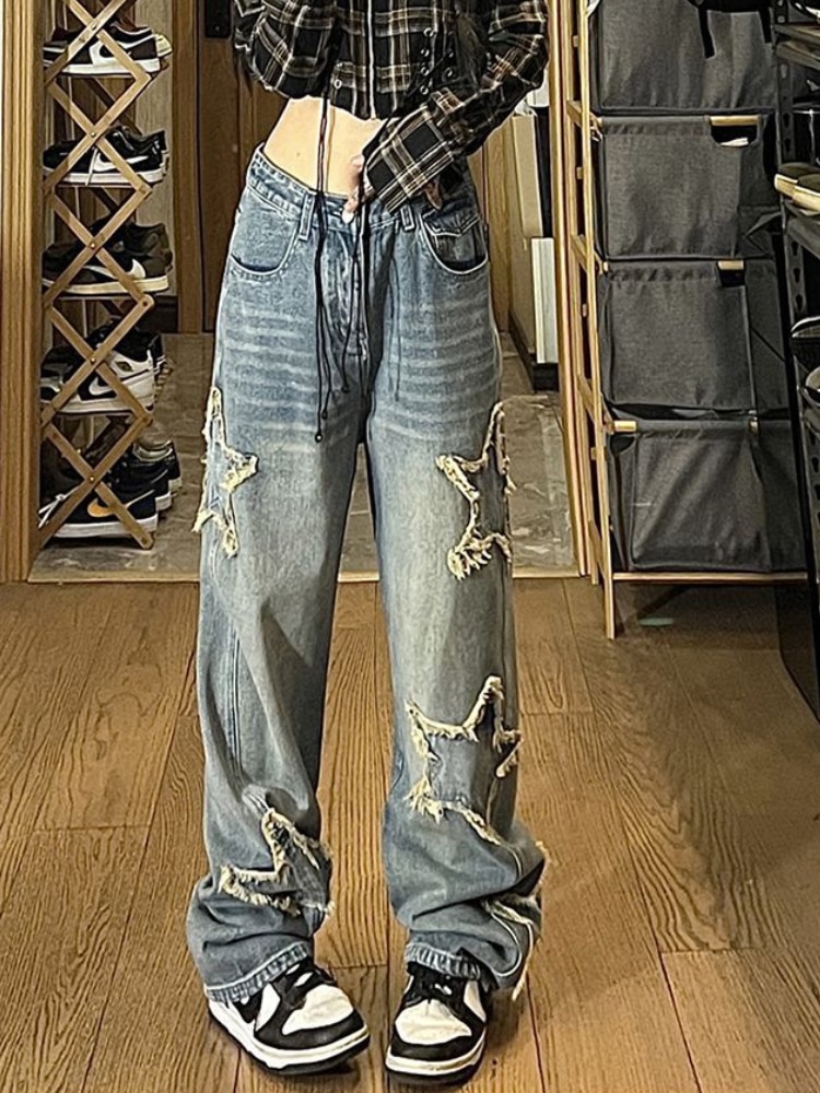 Y2K Vintage Women Korean Streetwear Oversized Star Aesthetic Straight Trousers Wide Leg Jeans Grunge Hip Hop Denim Pants Clothes