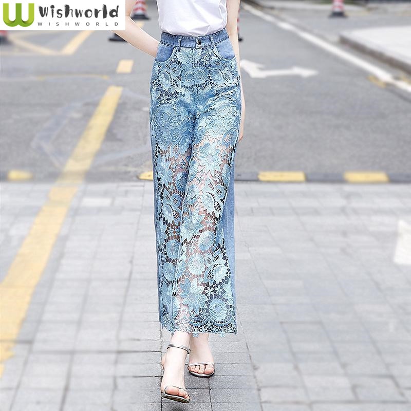 2023 Vintage Vintage Hollowed-out Flower Lace Stitching Women Jeans Summer Cool Trousers Casual High Waist Wide Leg Pants Style