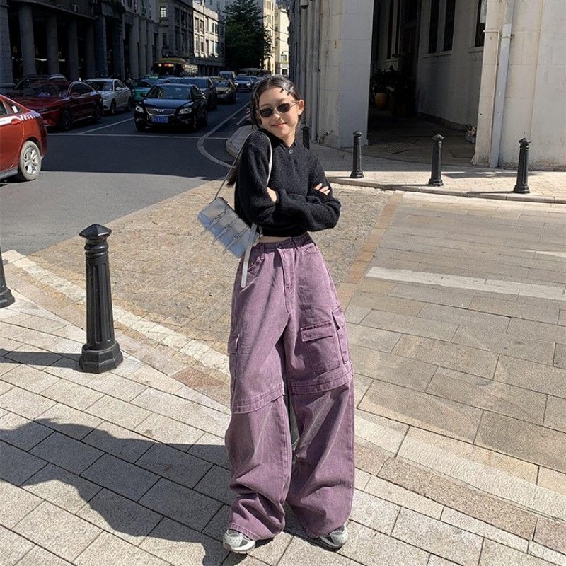 Purple Oversized Pocket Cargo Denim Pants Y2K Streetwear High Waist Straight Baggy Jeans Fashion Oversized Wid Leg Trousers
